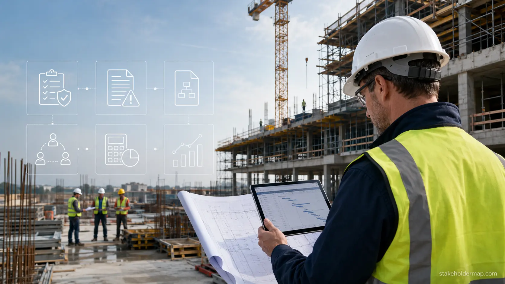 Construction management guides and templates covering planning, safety, risk, stakeholders and work breakdown structures