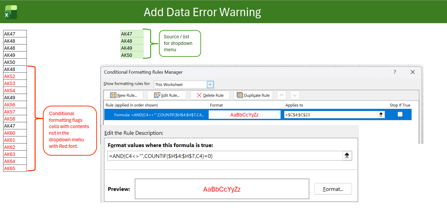 Excel conditional formatting rule highlighting values that are not in the data validation dropdown source list