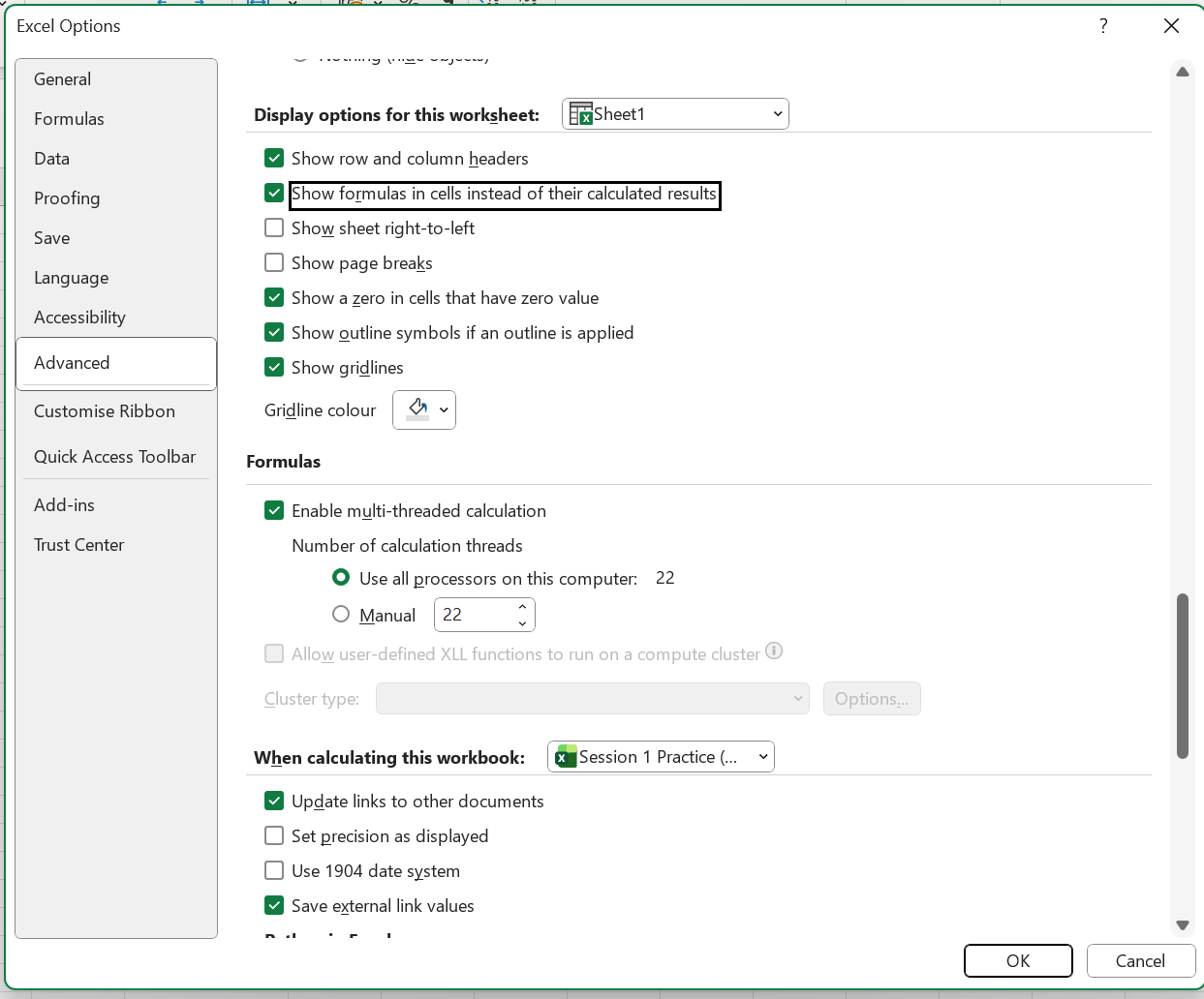 Excel Options Advanced setting showing where to untick Show formulas in cells instead of their calculated results