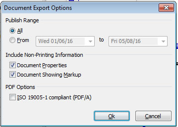 The document export options dialog in ms project