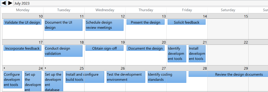 A screenshot of the calendar view in Microsoft Project. The Wrap text setting is ticked so the task names wrap.