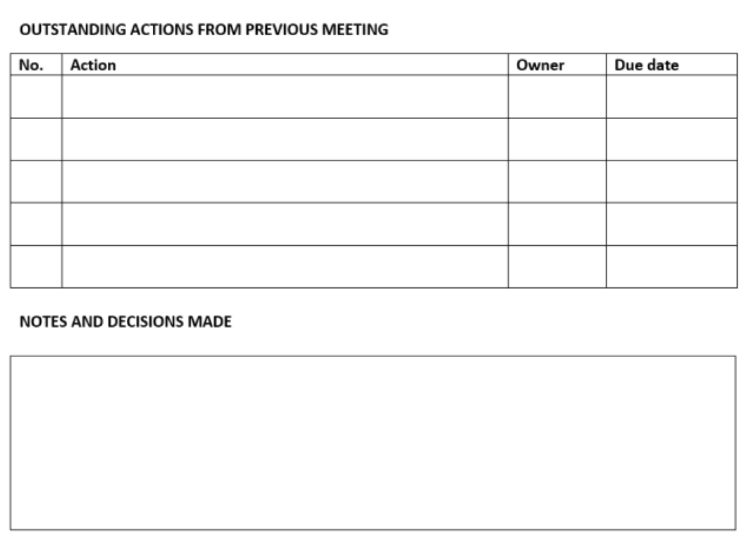 actions from previous meeting and space for decisions in project meeting template