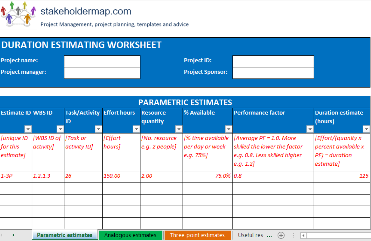 Duration estimation excel template