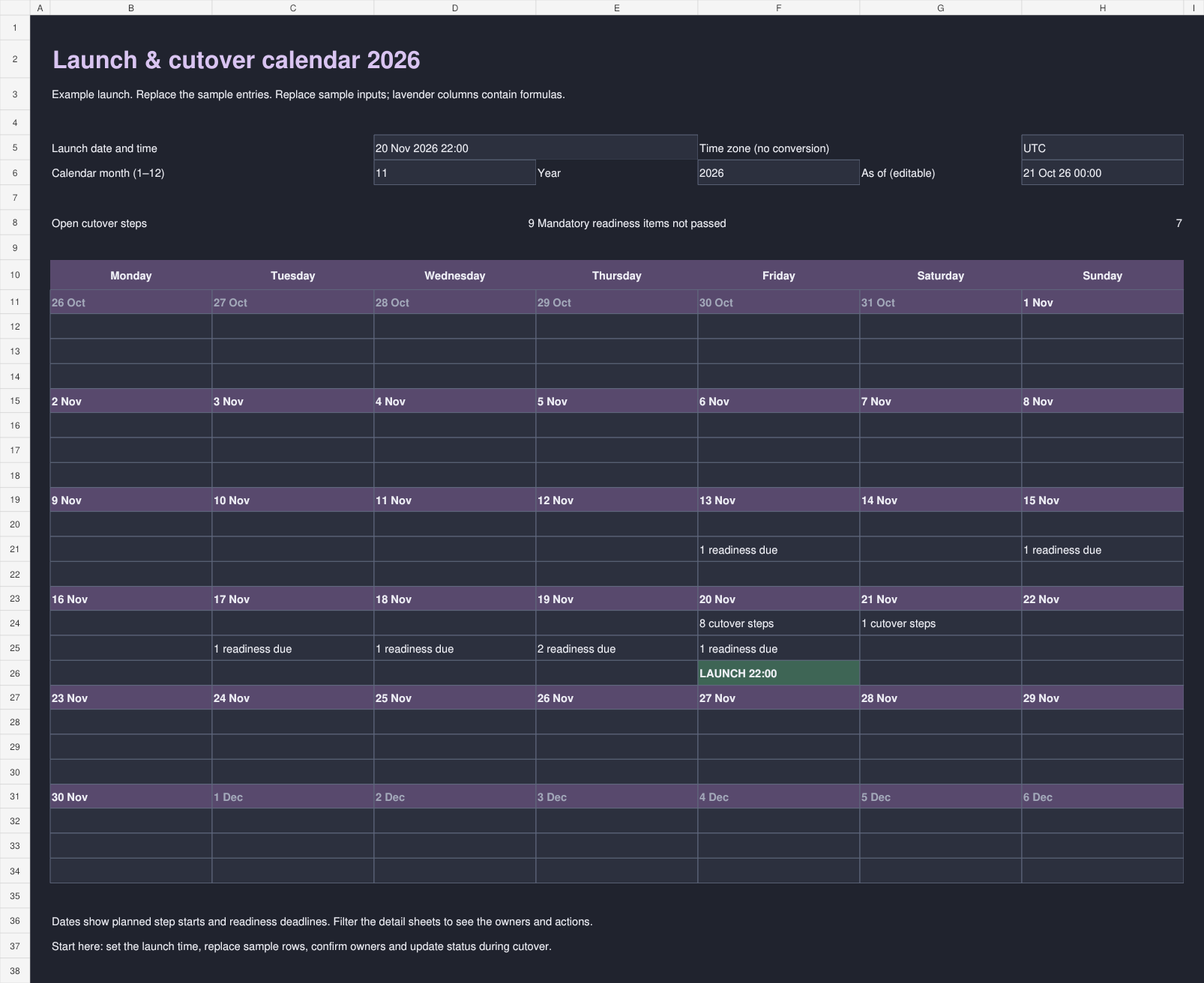 Dark launch calendar showing readiness deadlines and a 22:00 launch on 20 November 2026