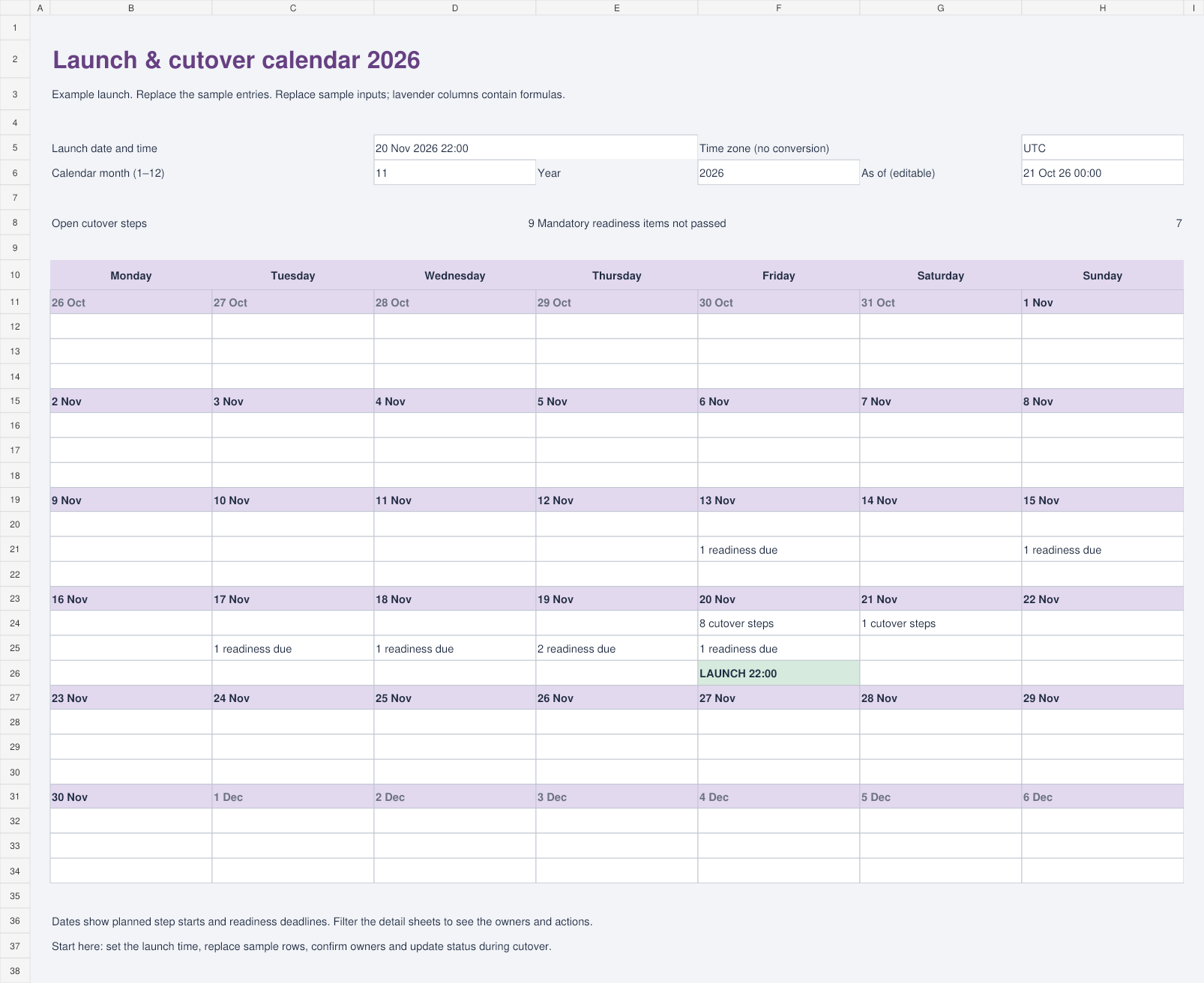 Light launch calendar showing readiness deadlines and a 22:00 launch on 20 November 2026