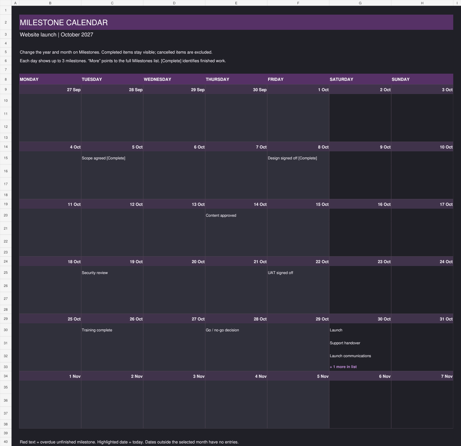 Dark theme of the Excel milestone calendar showing example milestones in 2027