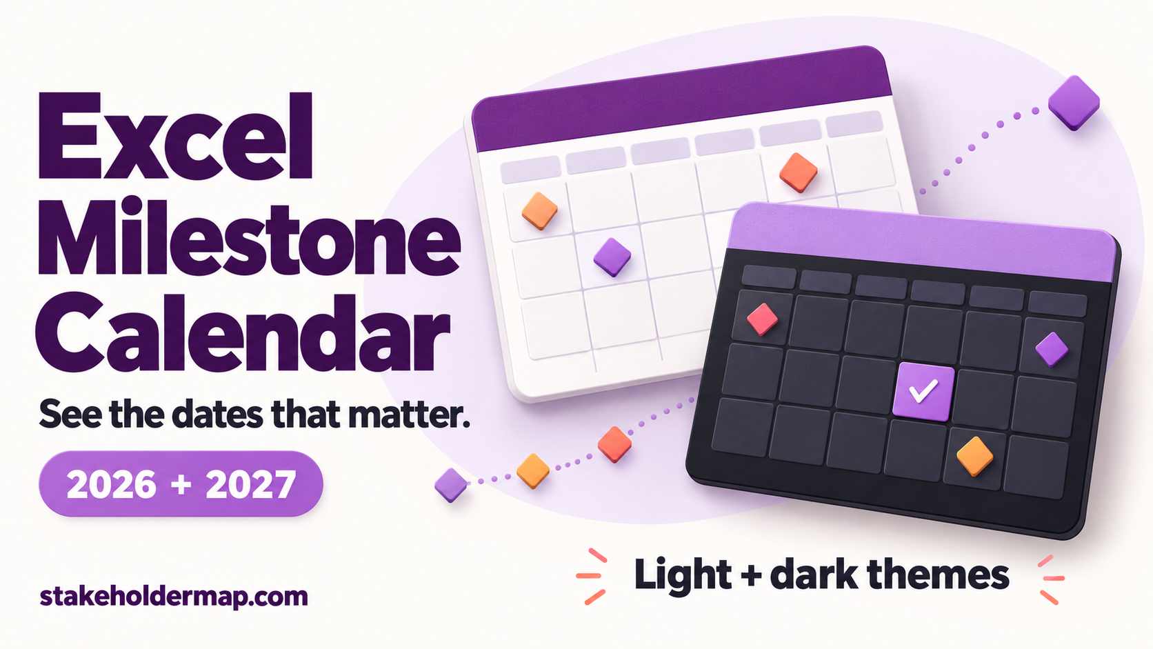 Excel milestone calendar collection with light and dark themes for 2026 and 2027