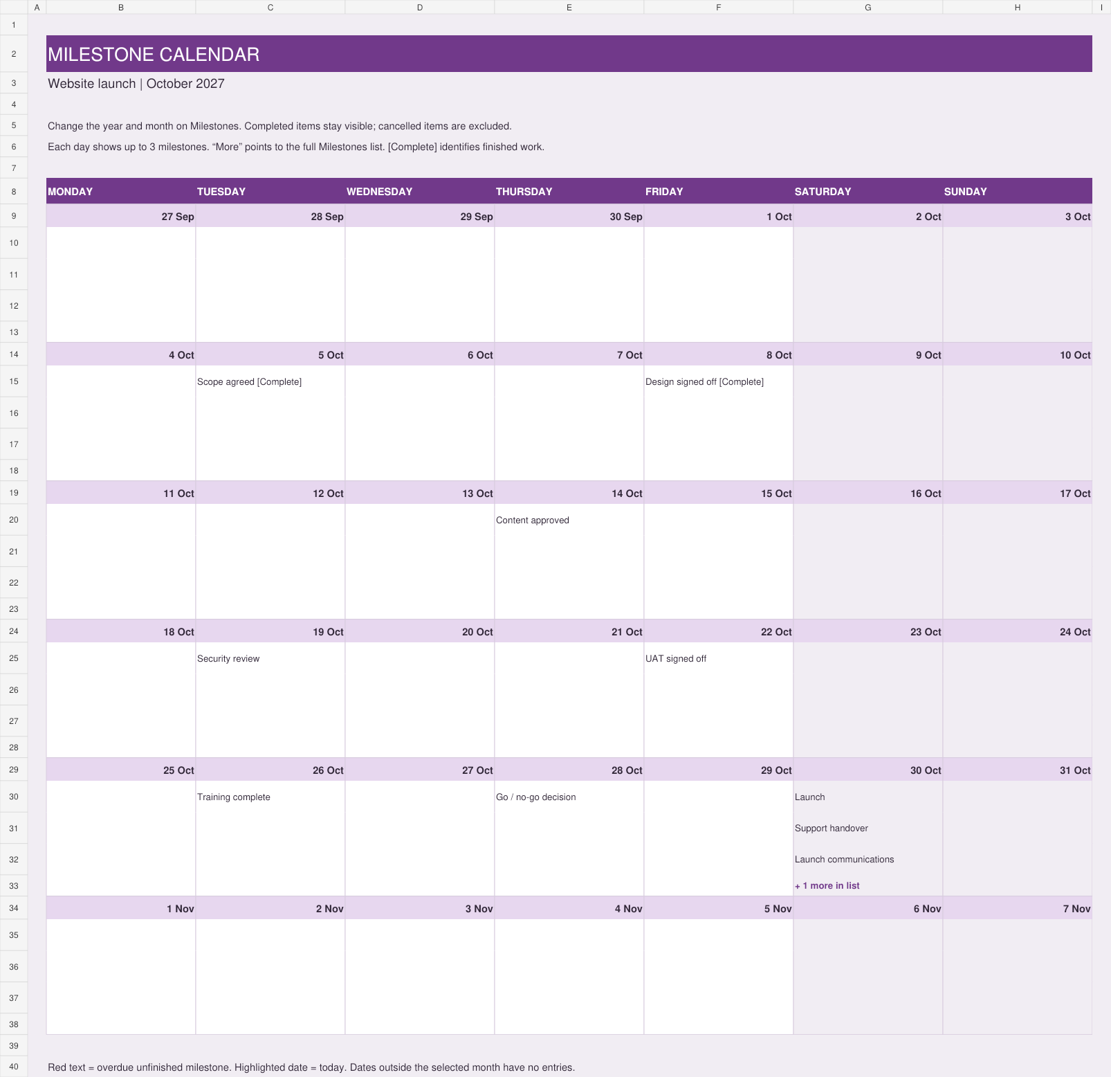 Light theme of the Excel milestone calendar showing example milestones in 2027