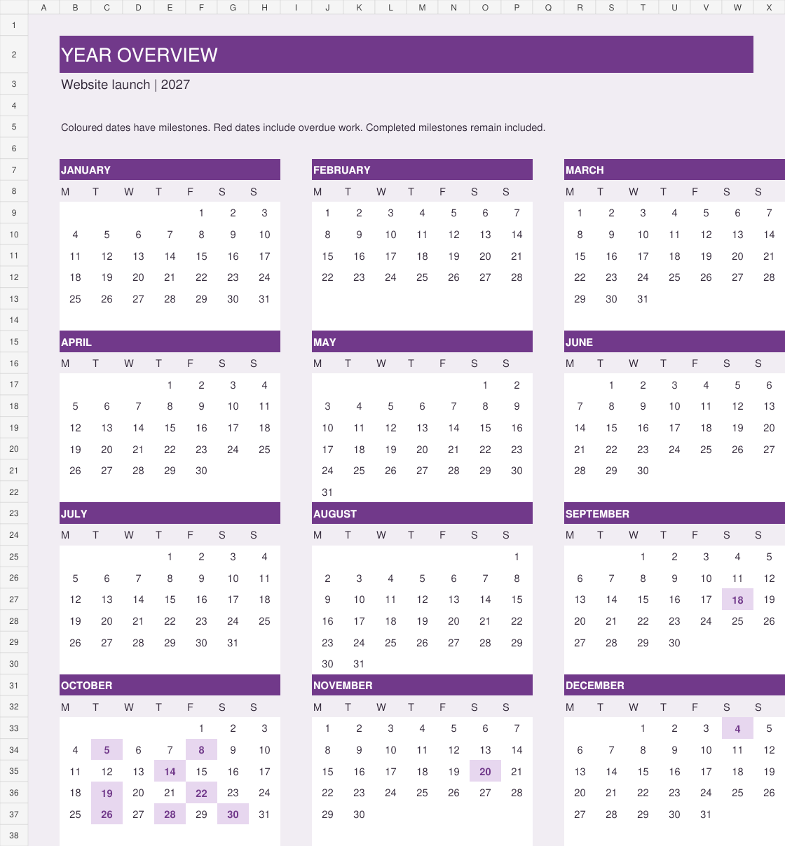Year overview of the Excel milestone calendar showing example milestones in 2027