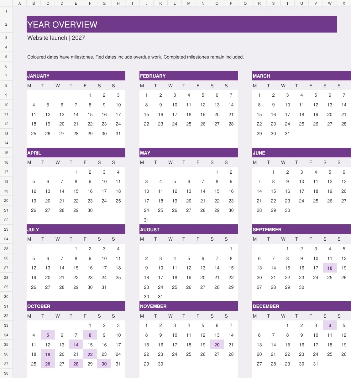 Enlarged year overview milestone calendar preview