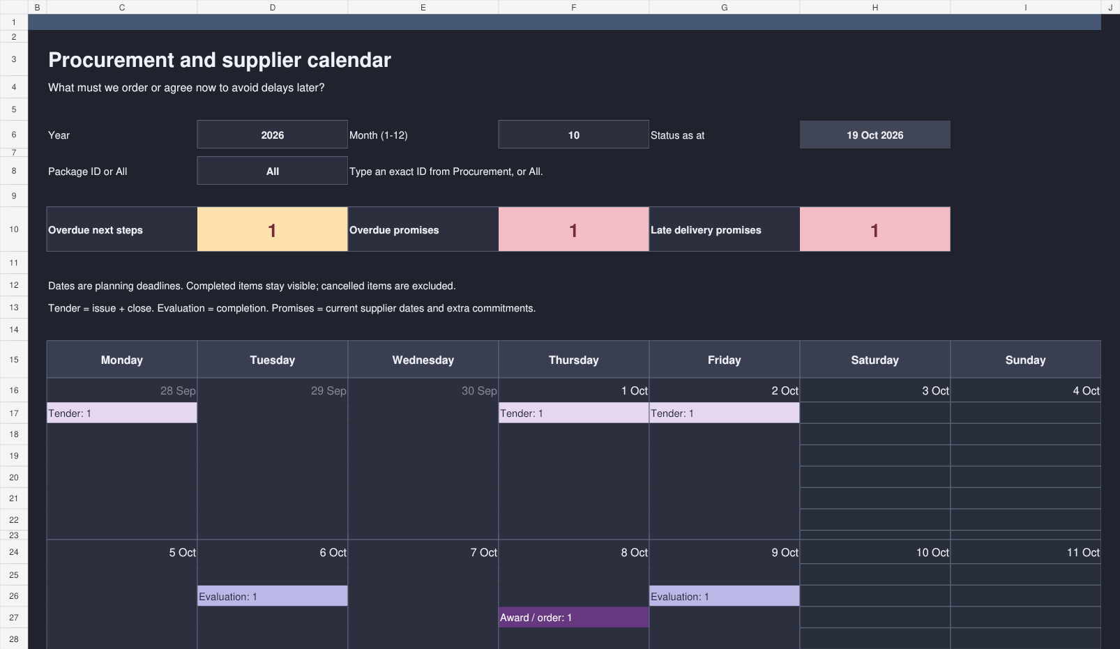 Enlarged dark procurement calendar