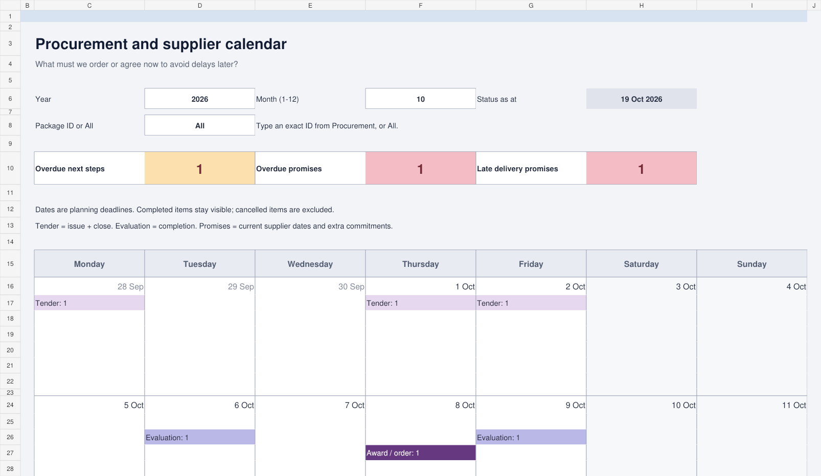 Enlarged light procurement calendar