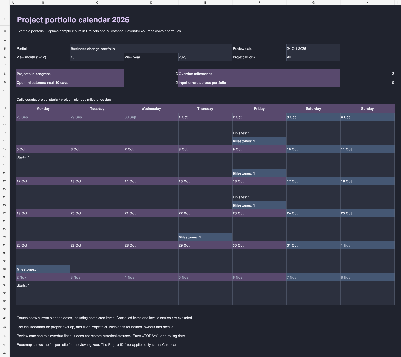 Dark Excel calendar showing the example project portfolio