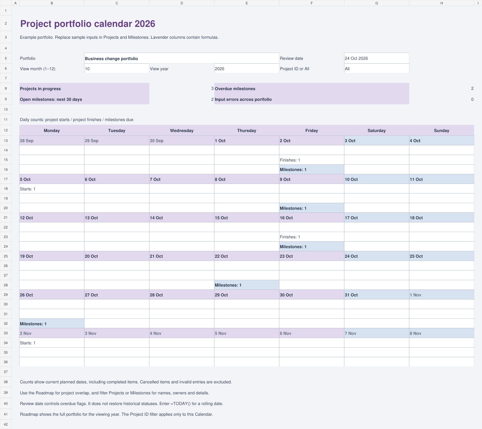 Light Excel calendar showing the example project portfolio