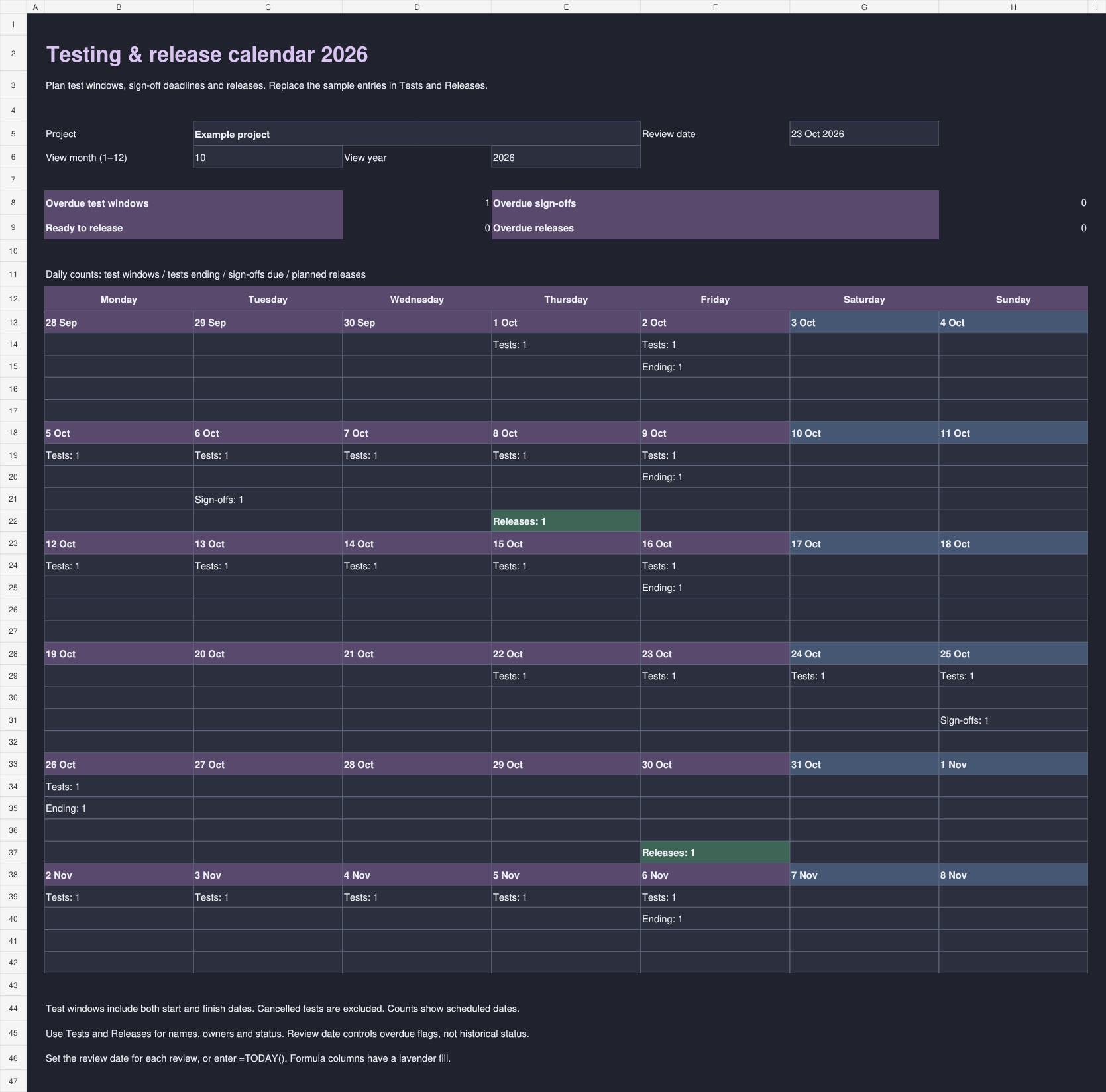 Dark Excel testing and release calendar preview