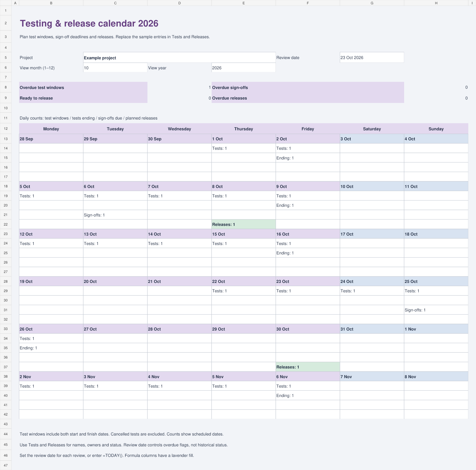 Light Excel testing and release calendar preview