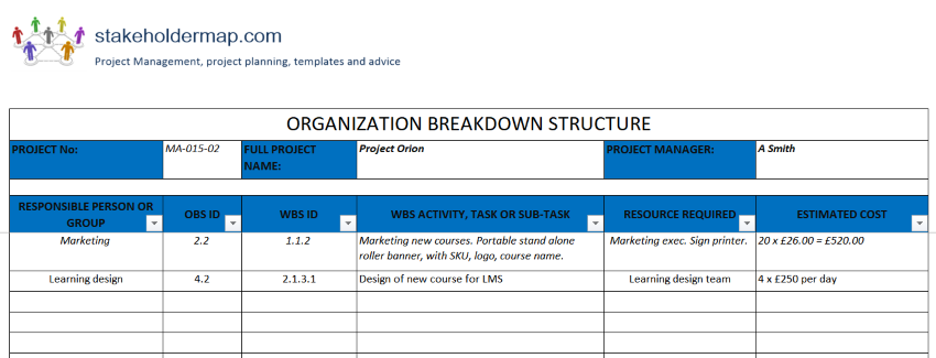 Organizational Breakdown Structure excel template