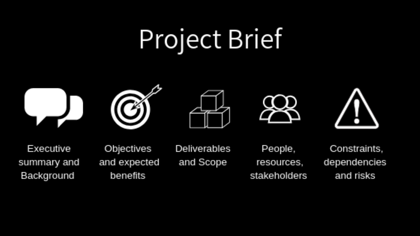 A slide titled Project Brief on a black background showing five icons with labels for executive summary and background, objectives and expected benefits, deliverables and scope, people resources stakeholders, and constraints dependencies and risks