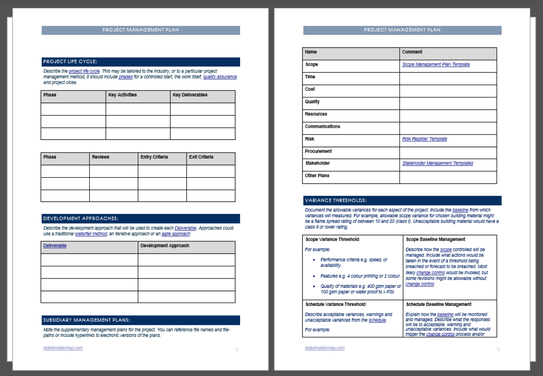 Two-page project management plan template showing sections for project life cycle, development approaches, subsidiary management plans, and variance thresholds, with tables for phases, deliverables, and links to related plans such as scope, risk, and stakeholder managementProject Management Plan Template