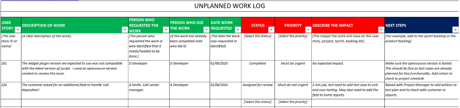 A screenshot of an Excel template for logging unplanned work that can happen on any project.