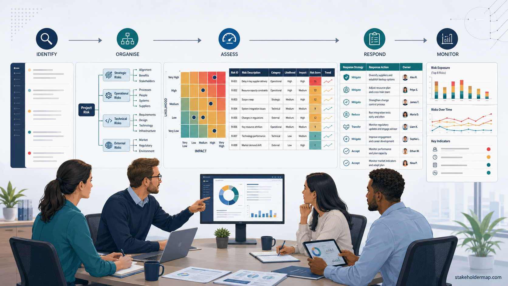 Project team reviewing an integrated risk management workspace showing risk identification, a risk breakdown structure, a likelihood and impact matrix, a risk register, response actions and monitoring charts.