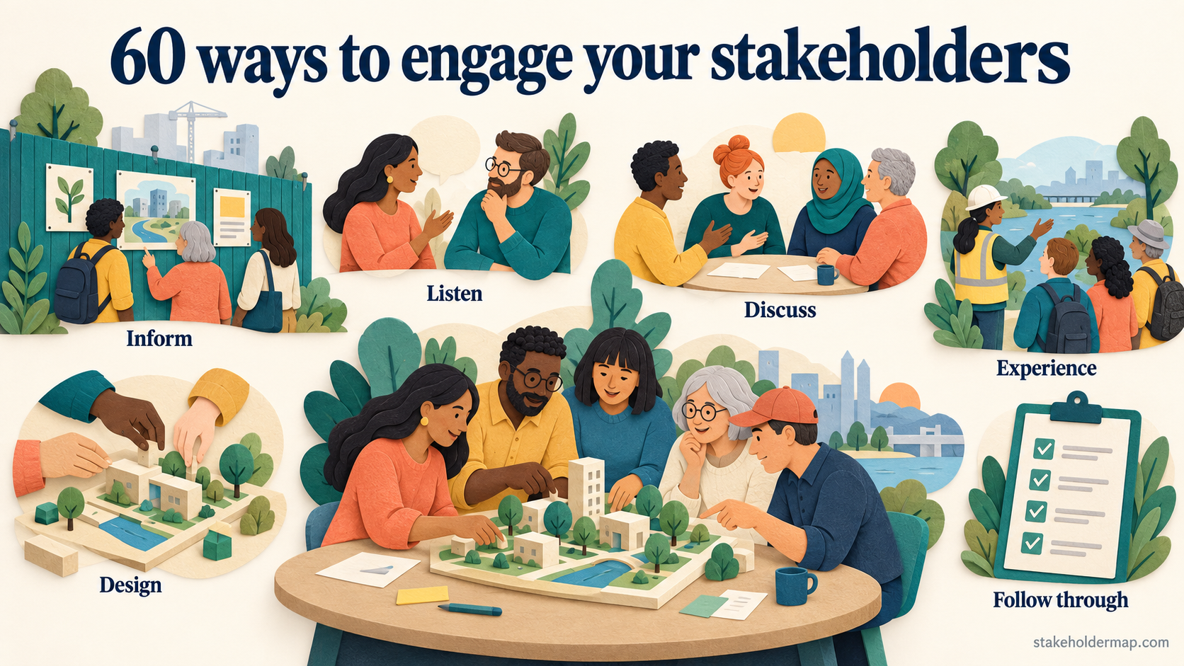 Stakeholder engagement toolkit with people gathered around a project model and illustrations of ways to involve stakeholders.
