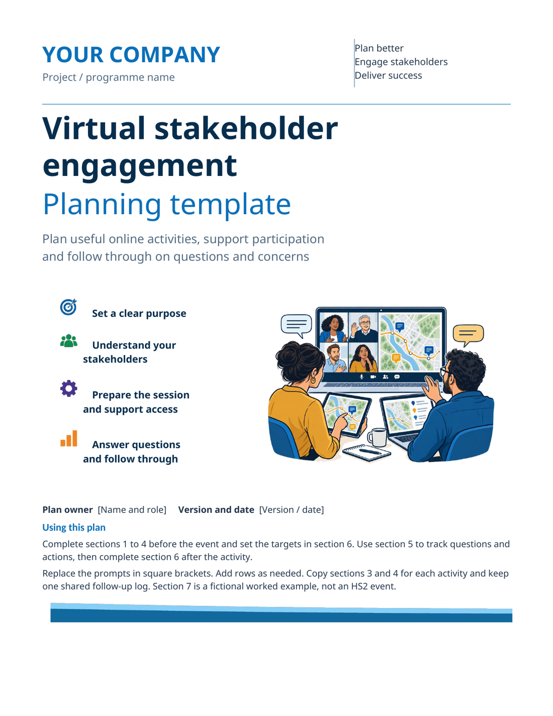 Cover of the virtual stakeholder engagement Word template with planning instructions.